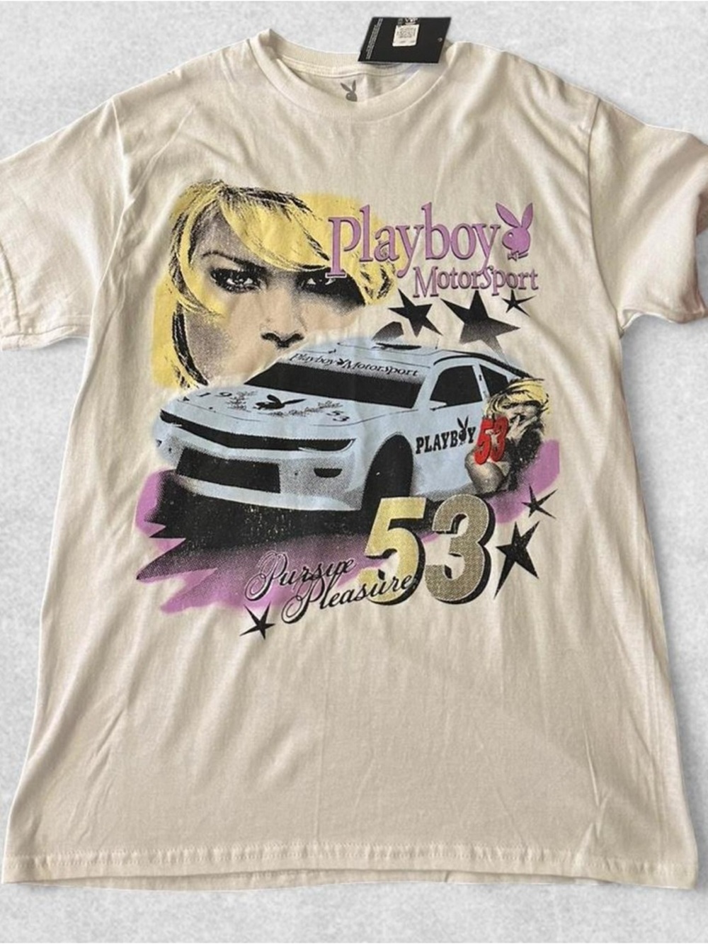 PLAYBOY Cream Motorsport Graphic Tee with Purple & Yellow Accents